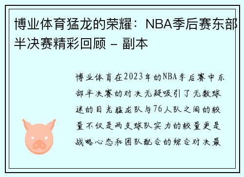 博业体育猛龙的荣耀：NBA季后赛东部半决赛精彩回顾 - 副本